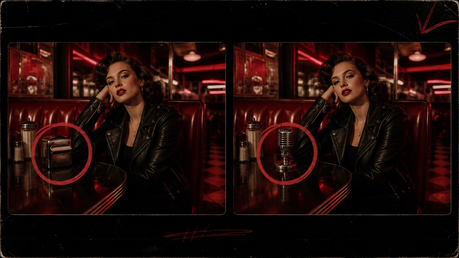 Concept illustration of one character staying consistent through a film strip while scripts, photos, audio waveforms, and color references surround the sequence