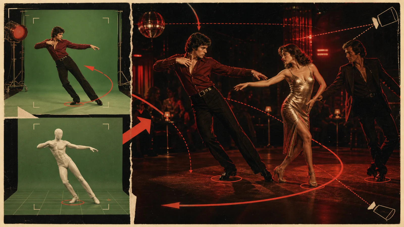 Concept illustration of R2V control using a green-screen performer and white mannequin reference to direct a three-character nightclub scene