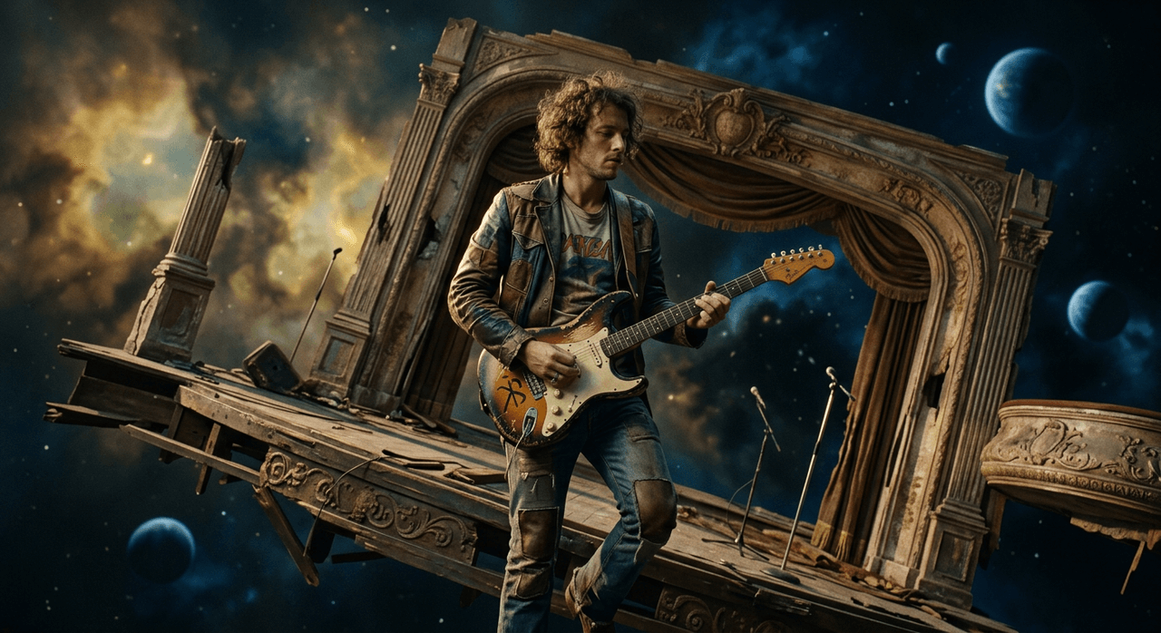 A lone rock musician floating with a guitar amidst ancient stage wreckage in space