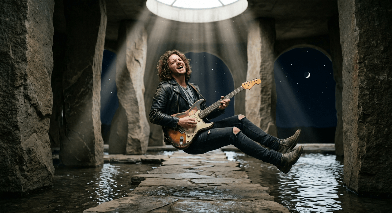 Western female singer surrounded by pulsating sound waves